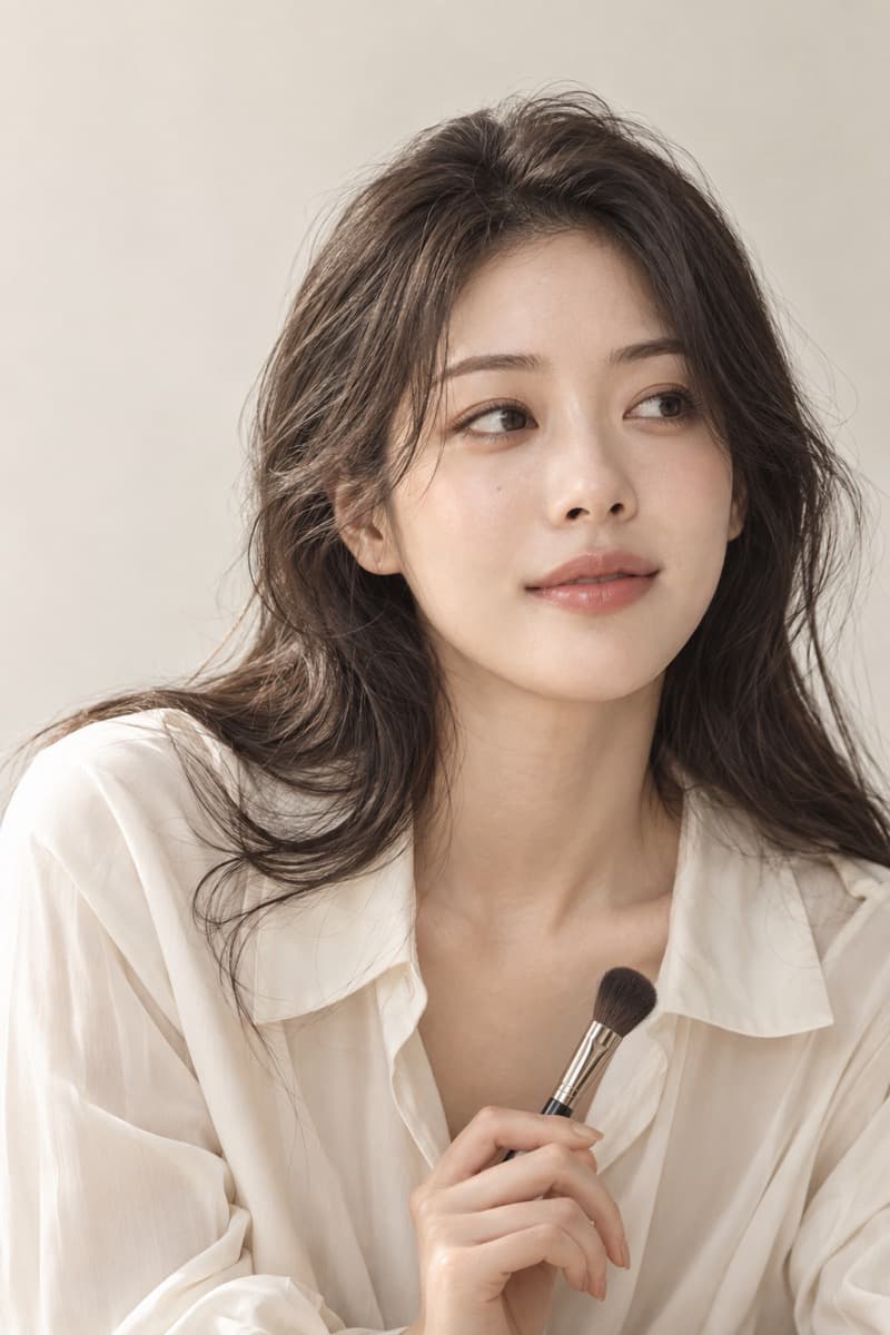 아이보리 배경에서 메이크업 브러시를 든 가상 인물